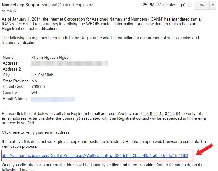 Email xác thực email đang kí tên miền với Namecheap.com