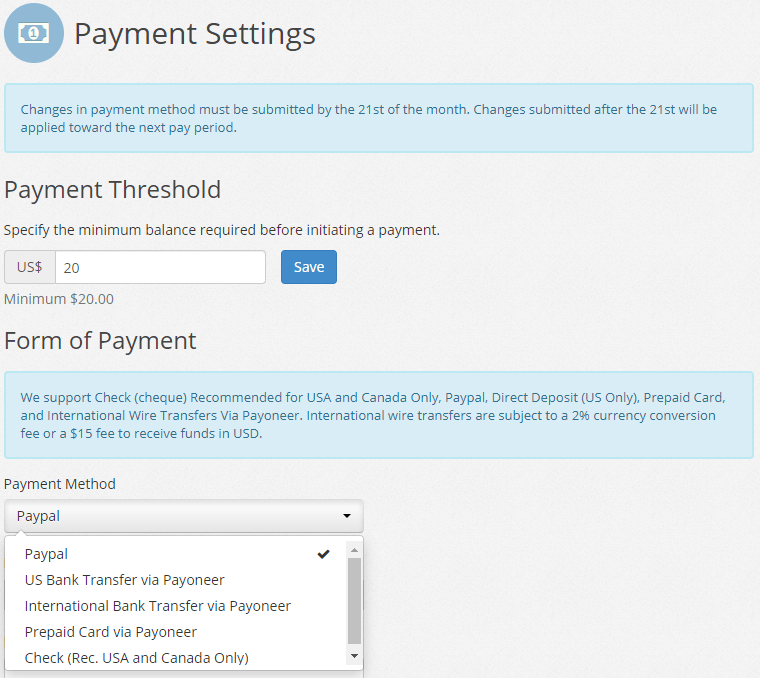 Ezoic payment settings