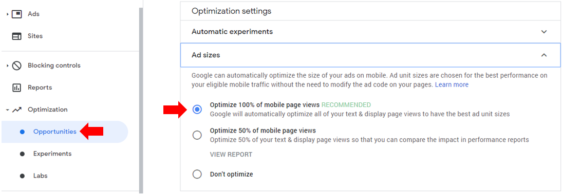 mục optimization của google adsense