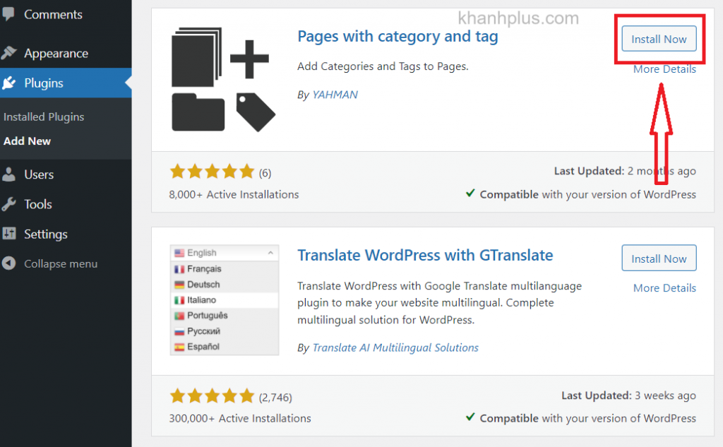 cài đặt plugin pages with category